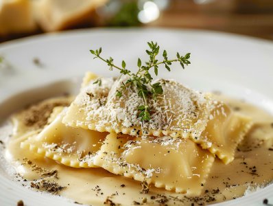 Ravioli di patate e timo su fonduta di Bella Lodi Riserva Bianca