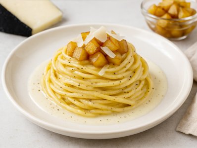 Tonnarelli cacio, pepe e pere caramellate al pecorino di grotta