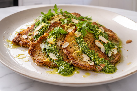 Fettine con pesto di rucola e mandorle tostate