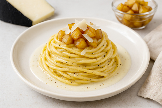 Tonnarelli cacio, pepe e pere caramellate al pecorino di grotta